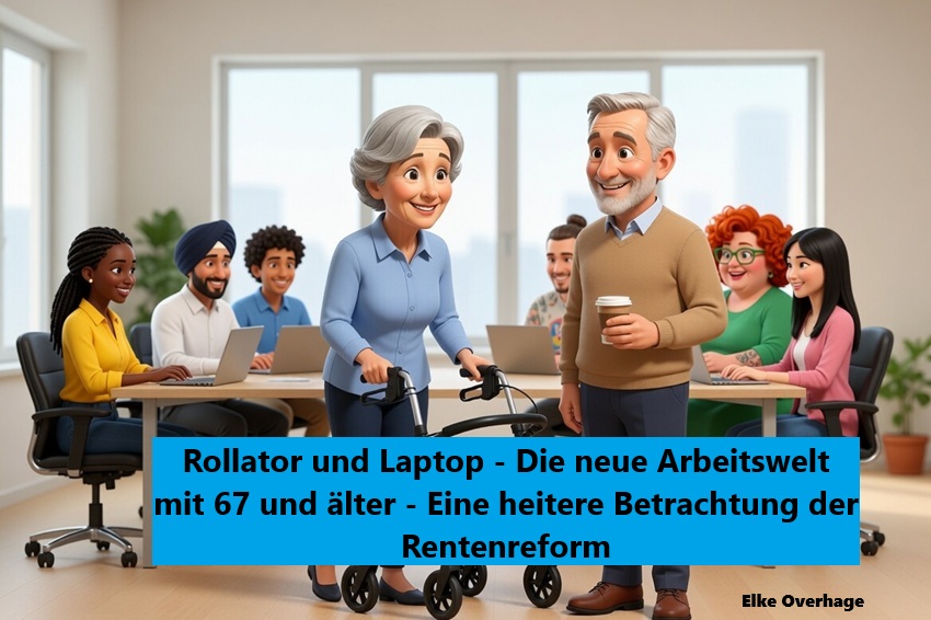 Bild mit Text Rollator und Laptop - Die neue Arbeitswelt mit 67 und älter? Eine heitere Betrachtung der Rentenreform mit zwei Senioren, Frau mit Rollator und einer vielfältigen Arbeitsgruppe