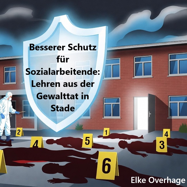 Bild mit Text Besserer Schutz für Sozialarbeitende: Lehren aus der Gewalttat in Stade, Ein Forensiker arbeitet am Tatort, 6 tote werden grafisch am Boden angedeutet